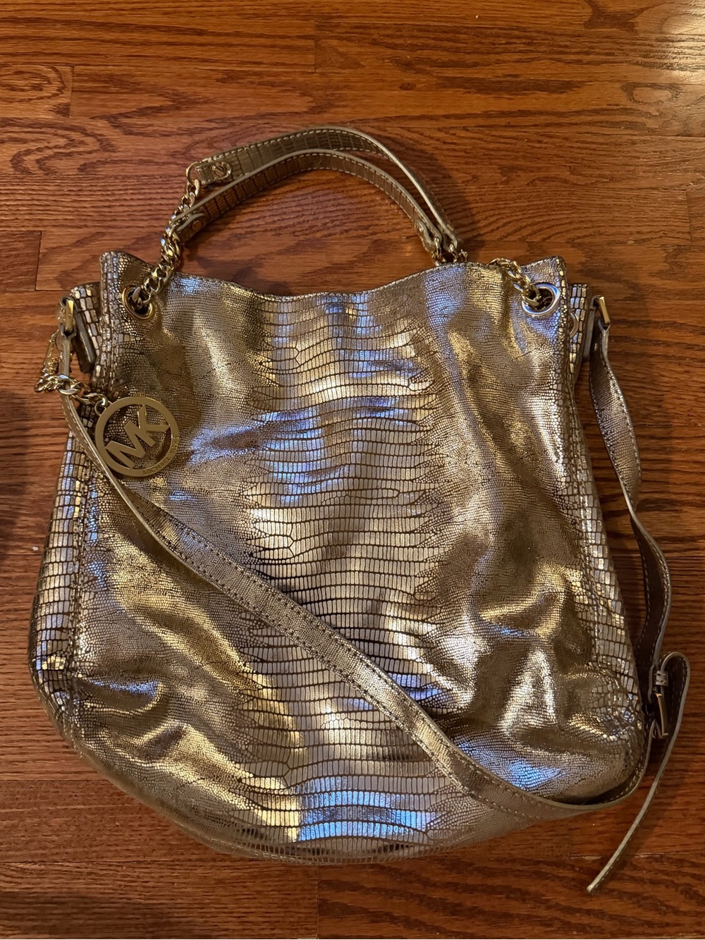Michael Kors Metallic Gold Embossed Shoulder Bag with Chain Trim